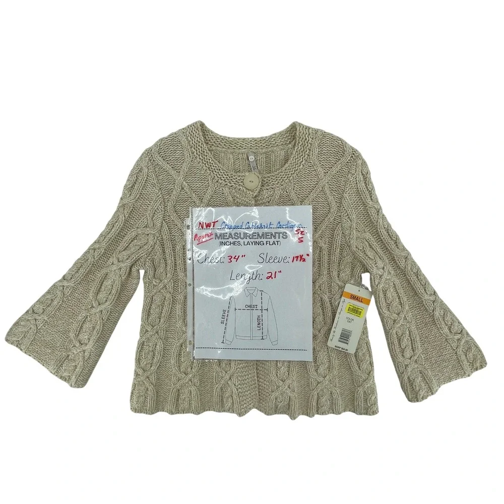 NWT Womens Cable Knit Cropped Cardigan Sweater Sz Small Oat Beige Chunky Neutral - Picture 10 of 10